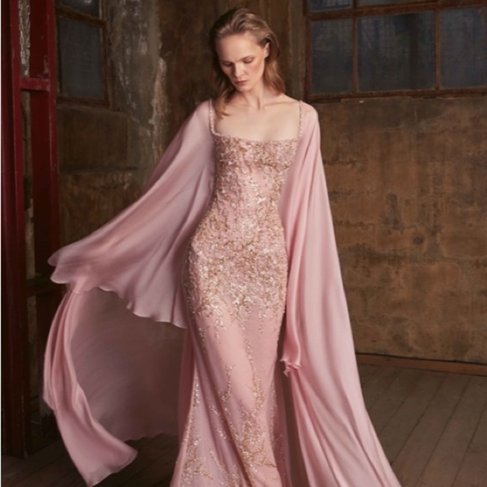 TONY WARD Embroidered Mousseline Gown - Elegant Pink Evening Gown